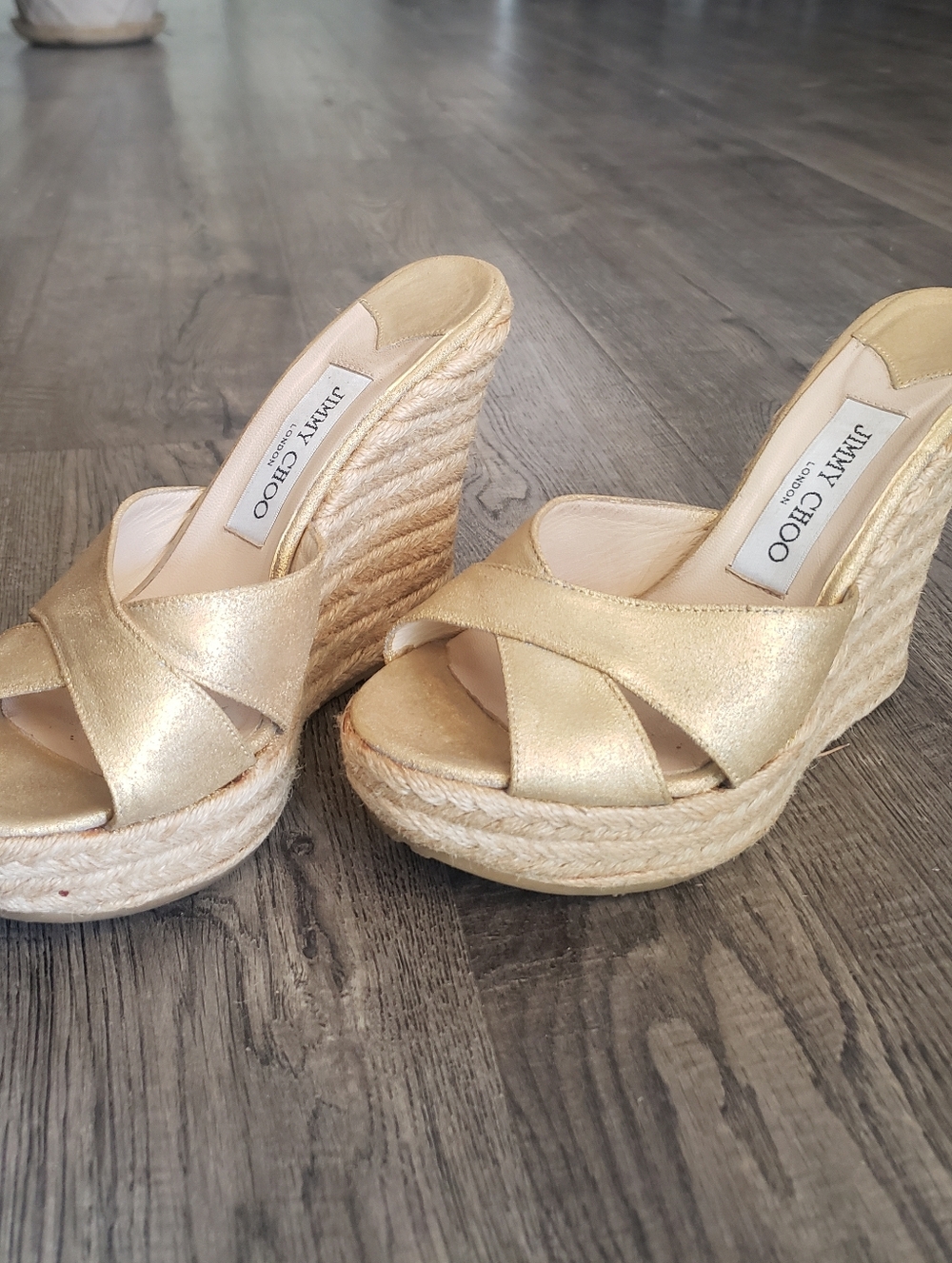 Jimmy Choo Gold Espadrille Wedge Sandals